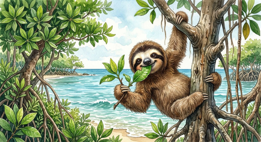A smiling baby brown-throated three-toed sloth hanging on a mangrove tree