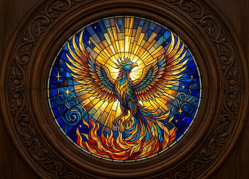 Stained-glass Phoenix rising from flames in wooden frame