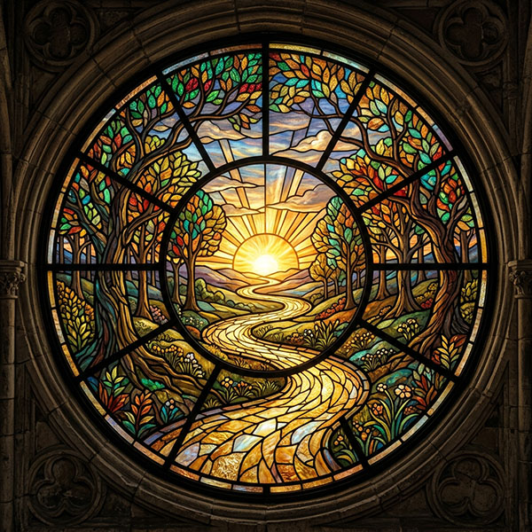 Stained-glass window depicting a winding golden path curving toward a radiant sunrise