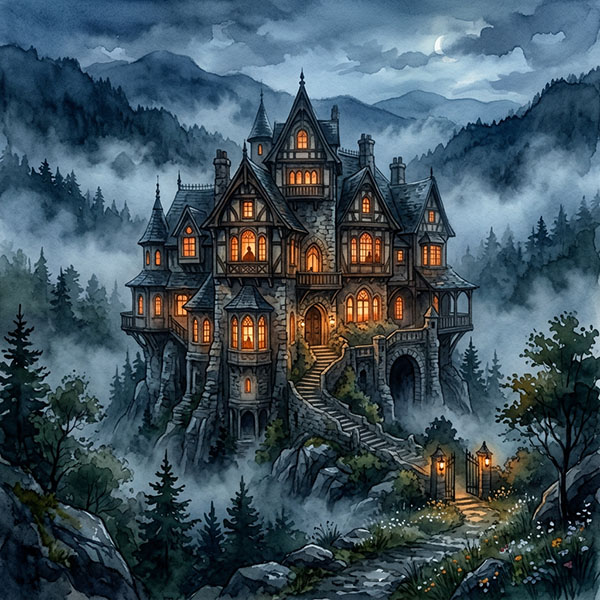 A grand old mansion partially hidden by mountain mist