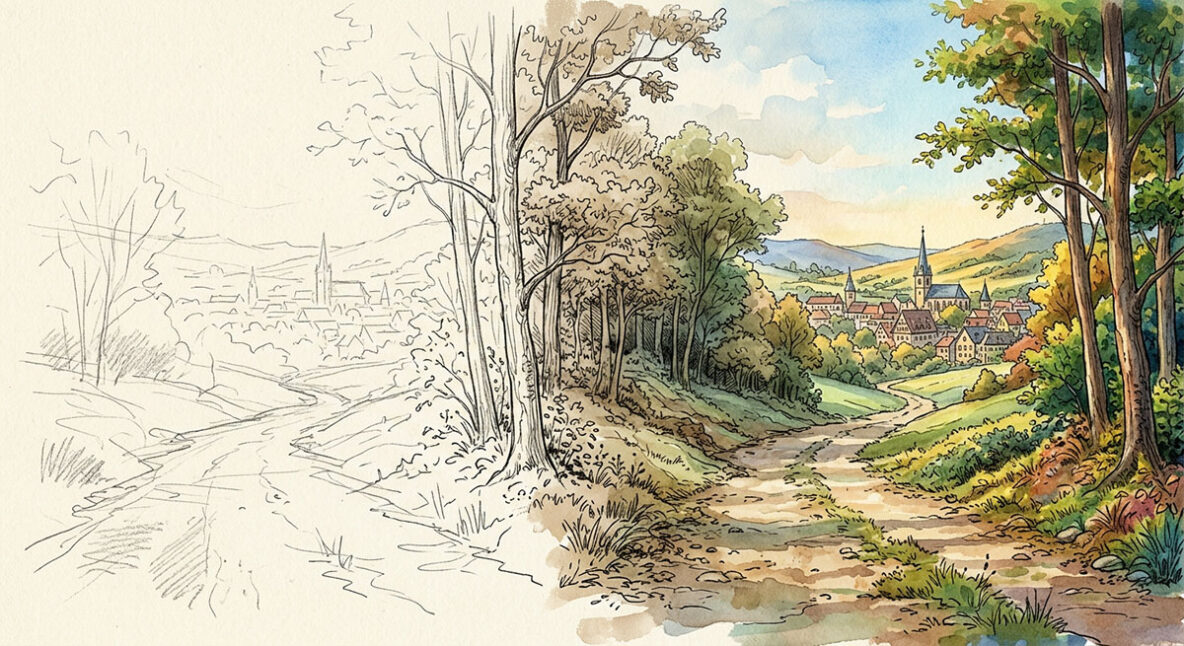 A landscape scene transitioning from left to right