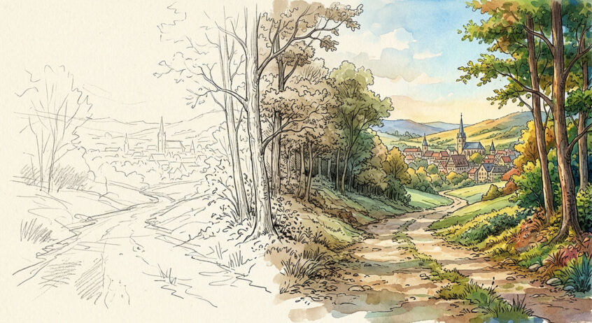 A landscape scene transitioning from left to right