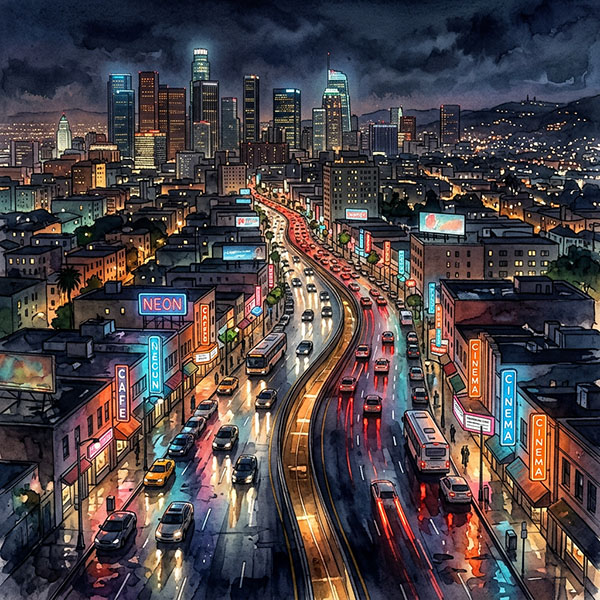 A nighttime Los Angeles street scene viewed from above