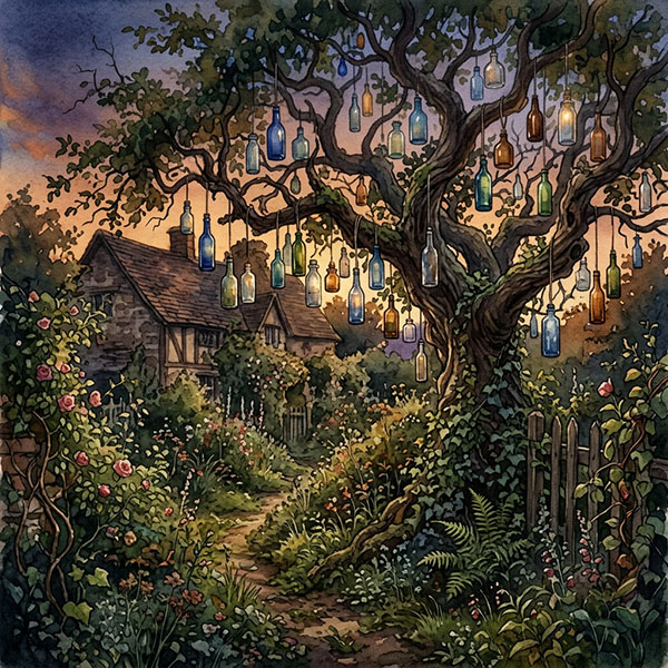 Bottle tree in overgrown garden