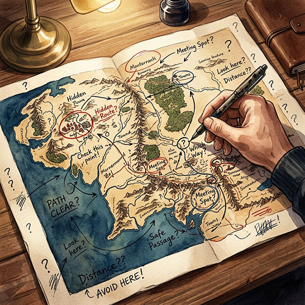 An open map covered in handwritten notes and annotations