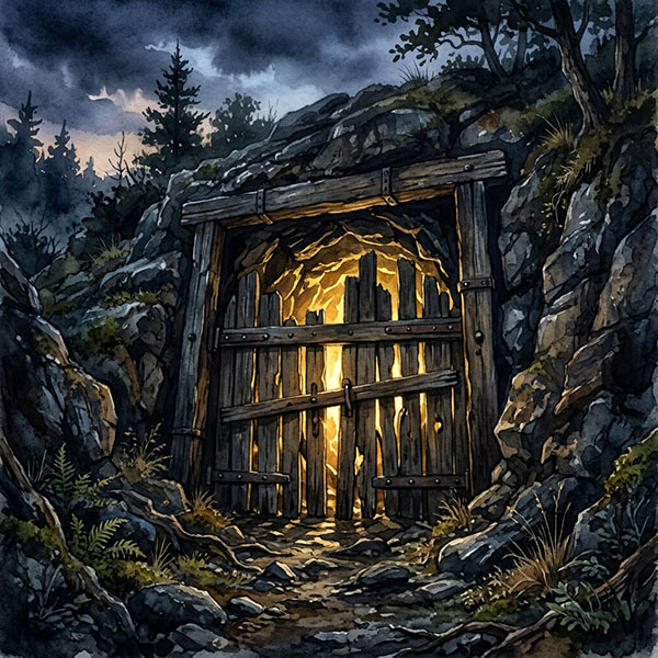 Dark cave entrance in a rocky hillside